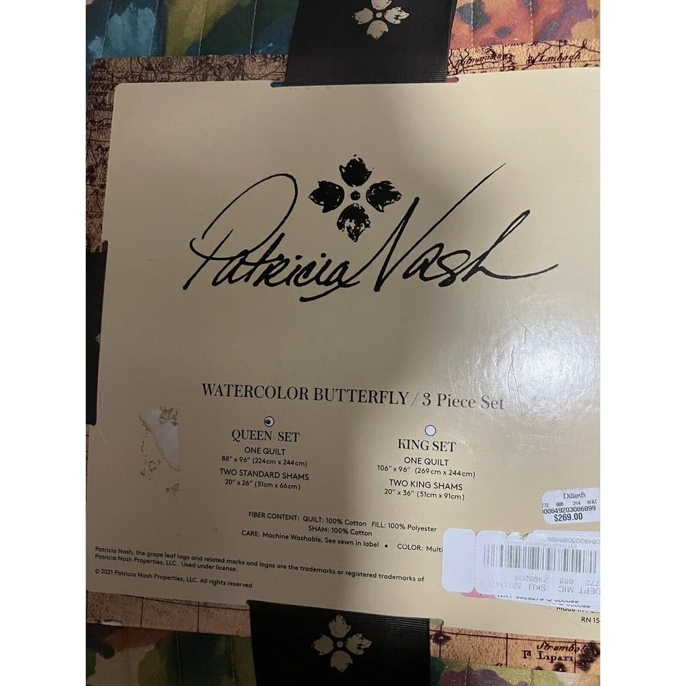 Patricia Nash Watercolor Butterfly Quit And‎ Sham 3 Piece Set Multicolor